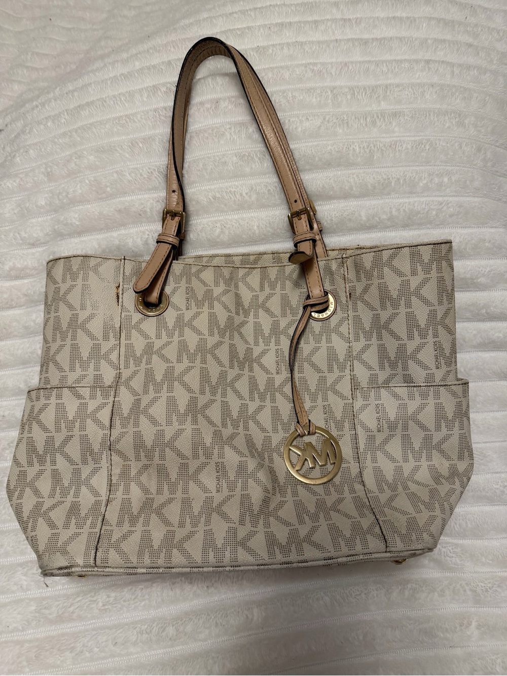 Michael Kors Taupe MK Logo Shoulder Tote with Gold Accent